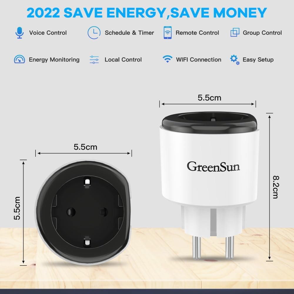 WLAN Socket GreenSun Power Meter 2X WiFi Socket with Current Measurement Smart Life Socket WiFi Socket with Timer 2.4GHz 16A Smart Plug Compatible with...