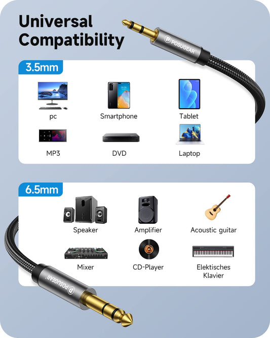 POSUGEAR 3.5 mm Jack to 6.35 mm Jack Cable 0.5 m, Nylon Braided 6.35 mm Jack Plug to 3.5 mm Aux Audio Stereo Cable Stereo Compatible with iPod, Laptop, Home...