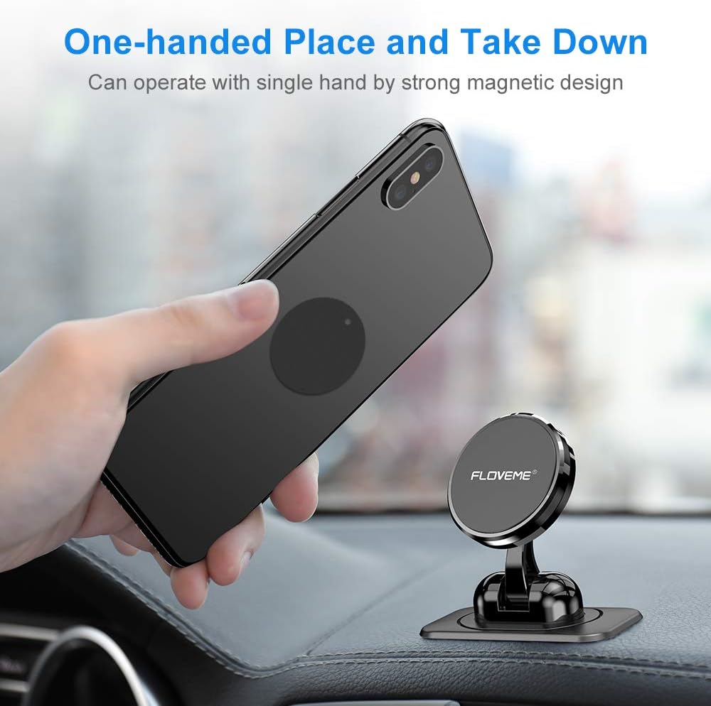 FLOVEME Magnetic Car Mobile Phone Holder with Adhesive Base, 360° Rotation Compatible with iPhone 14 13 12 Pro Samsung Huawei Xiaomi