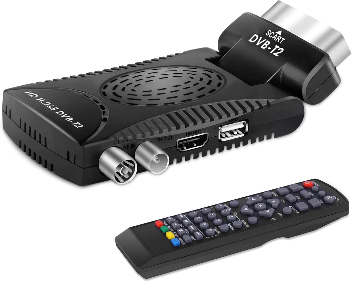 DVB-T2 Digital Terrestrial Decoder, HD H.265 IPTV Receiver, HEVC 10 Bit, Mini Scart Stick 180°, Supports USB WiFi HDMI Multimedia PVR with Universal Remote Control for Television