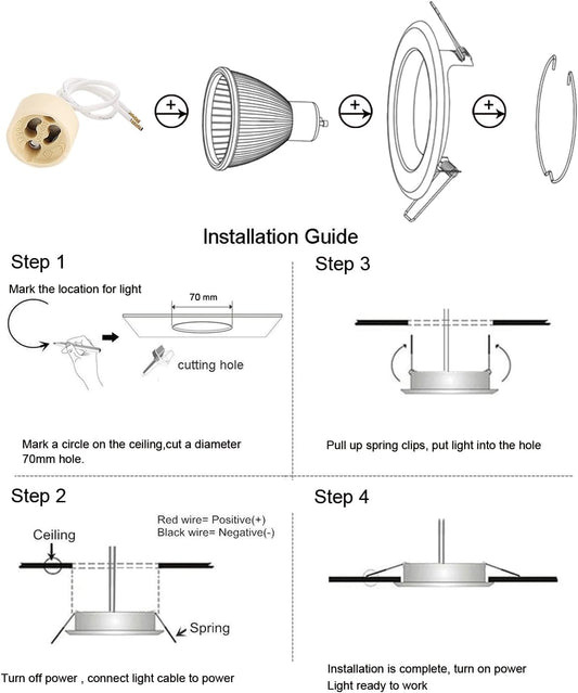 Tofisr LED Recessed Ceiling Light Mounting Frame Round Black Spotlight Fittings incl. GU10 Socket, Cut-Out Hole Size:55mm-70mm, Downlight Frame for LED and...