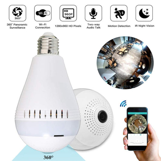 Hd Focus WiFi V380 Pro Fisheye 360Β° Panoramic Wireless CCTV Indoor WiFi Camera Led Bulb with Bulb Holder - Supports 64gb Sd Card (Not Included)