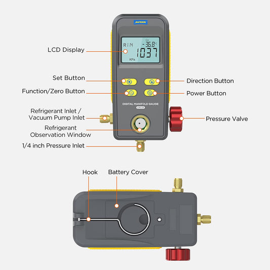 AUTOOL LM110 Digital Manifold Gauge, HVAC System Refrigeration Gauge for Refrigerant Filling&Pressure Test / Vacuum Operation Test /Pressure Leak Test...