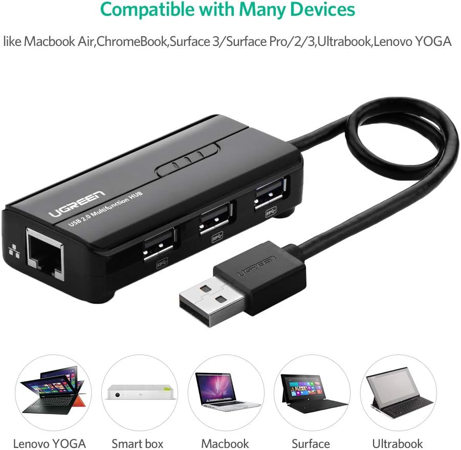 UGREEN RJ45 Network Adapter with 3 USB 2.0 Hub USB Ethernet Adapter 10 100Mbps Network Converter Ethernet Hub Compatible for Switch Wii Windows Surface Pro...