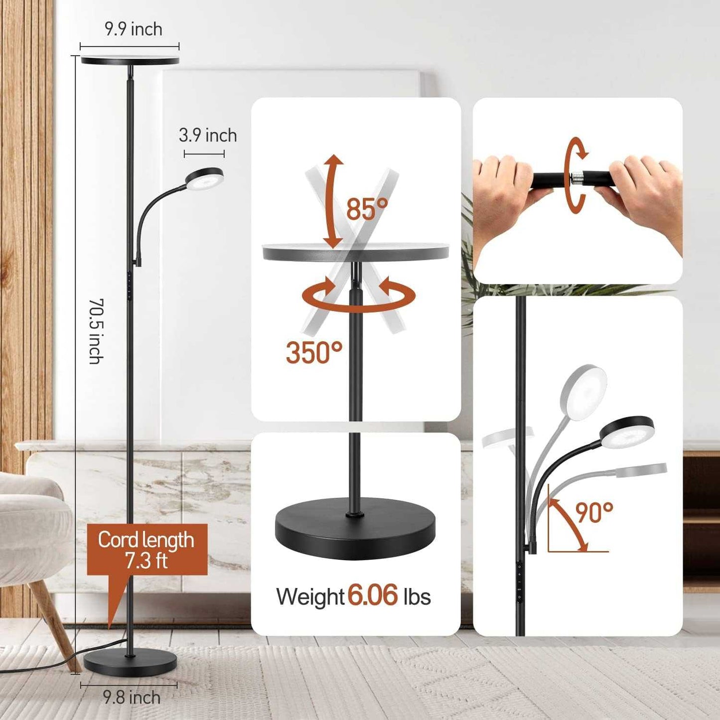 ANTEN Floor Lamp LED Dimmable with Reading Lamp