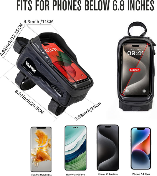 WILD MAN Bike Phone Bag Bike Pouch Top Tube Bag Bicycle Front Frame Bag Waterproof Bike Bag Phone Holder Compatible with 6.5”(Black)