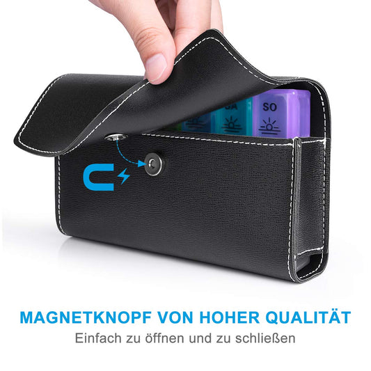 BUG HULL 7-Day German Pill Box – PU Leather Travel Tablet Organizer with 3 Daily Compartments