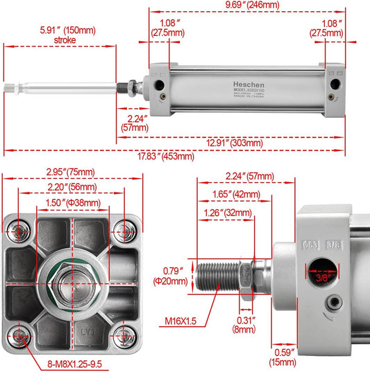 Heschen Pneumatic Standard Cylinder SC 63-150 PT3/8 Port 63mm(2.5") Bore 150mm(6") Stroke Double Acting