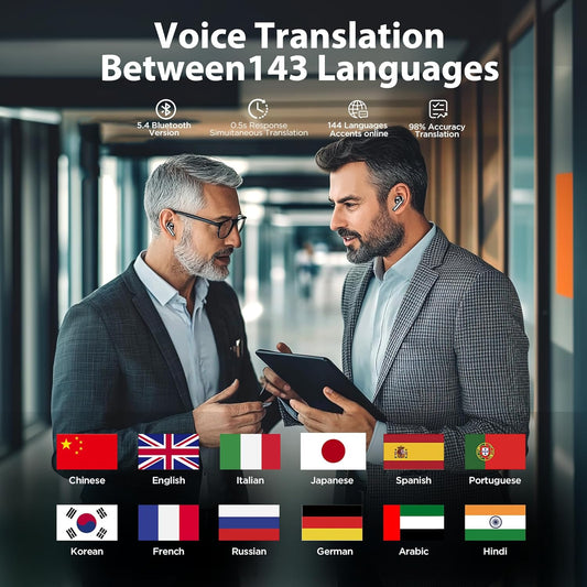 AI Language Translation Earbuds Real-Time 2-Way Translator with 143 Languages & Accents, 3-1 Wireless Earbuds Smart Touch Control,
