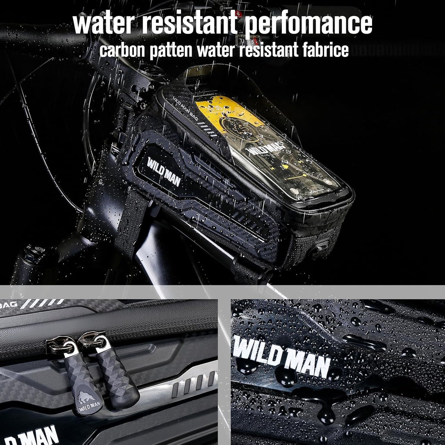 WILD MAN Bike Phone Bag Bike Pouch Top Tube Bag Bicycle Front Frame Bag Waterproof Bike Bag Phone Holder Compatible with 6.5”(Black)