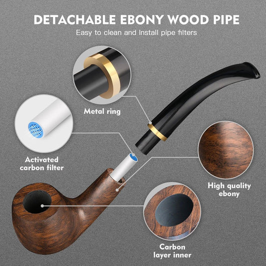 Joyoldelf Smoking Pipes, Exquisite Ebony Wood Tabacco Pipe, Tobacco Pipe Starter Kit with Pipe Cleaners, 9 mm Pipe Filters, 3-in-1 Pipe Scraper, Pipe Bits,...