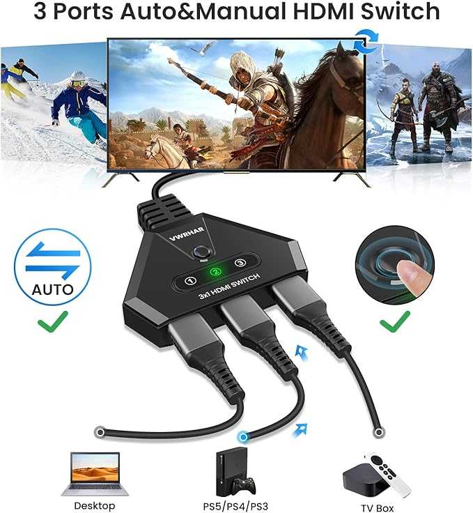 VWRHar HDMI Switch HDMI Switch 4K 60Hz 3 Input 1 Outputs Multi HDMI with High Speed Cable