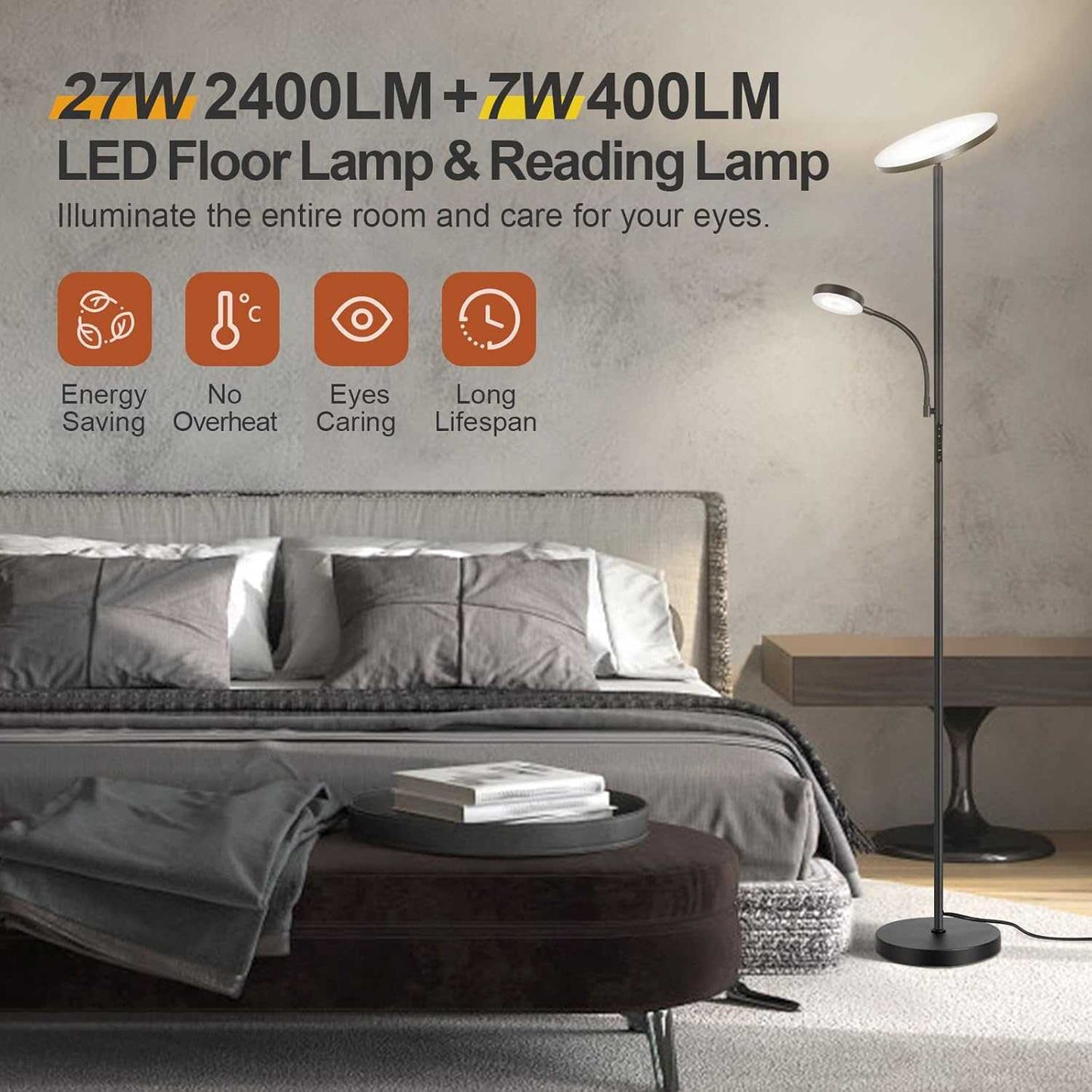 ANTEN Floor Lamp LED Dimmable with Reading Lamp
