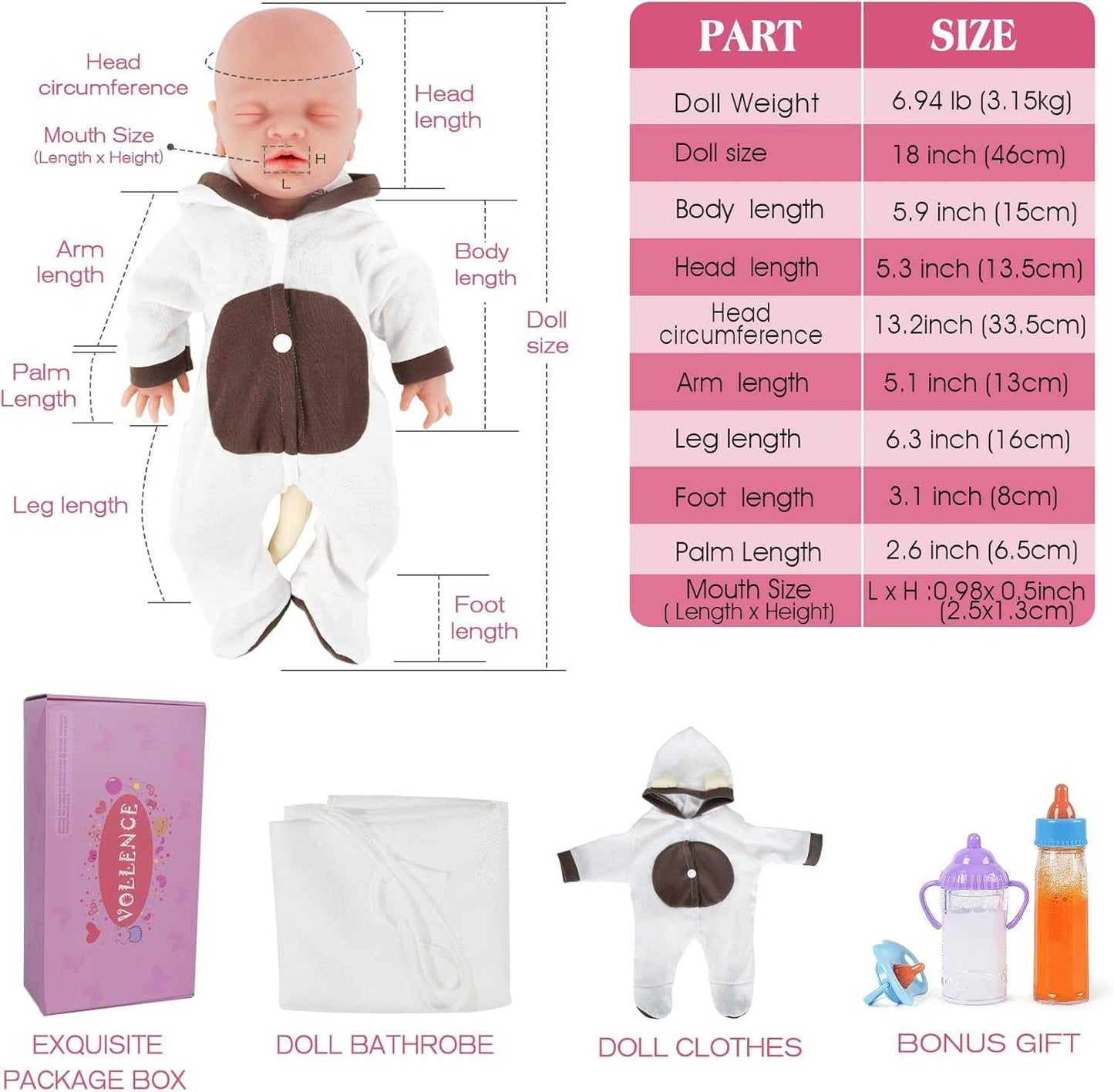 Vollence 18 inch Sleeping Full Silicone Baby Doll Not Vinyl Dolls Eye Closed Lifelike Real Newborn Baby Doll Realstic Reborn Baby Dolls Girl