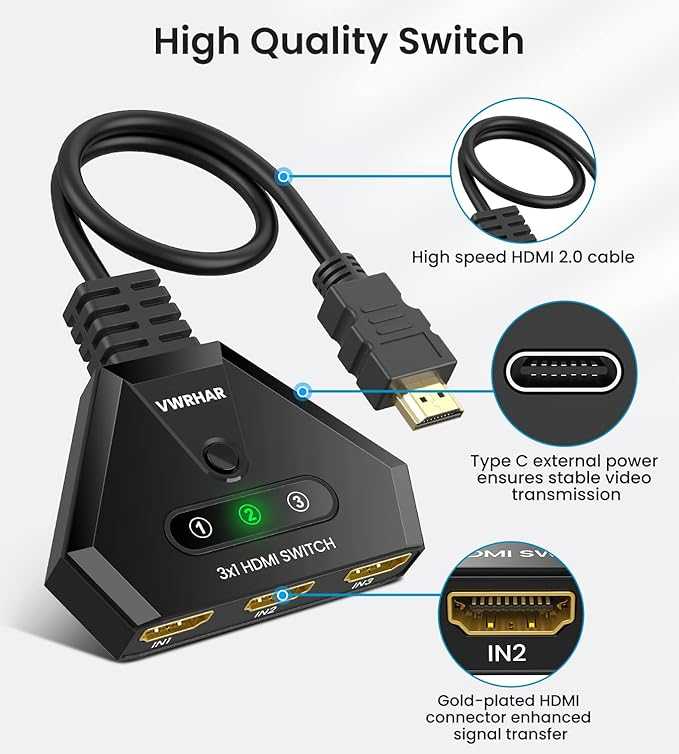 VWRHar HDMI Switch HDMI Switch 4K 60Hz 3 Input 1 Outputs Multi HDMI with High Speed Cable