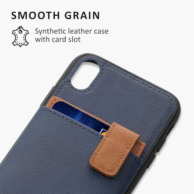 kalibri Hard Case Compatible with Apple iPhone X Case with Card Slots PU Leather Design with TPU Bumper Dark Blue Brown