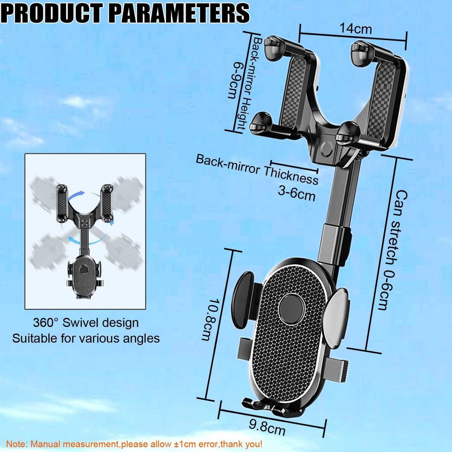 Universal Car Phone Mount Rotatable and Retractable Cell Phone Holder