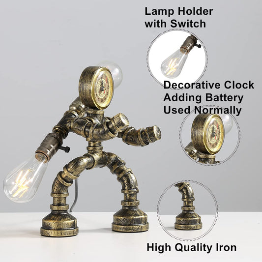 Kaj Hejmo Water Pipe Table Lamp Robot Style- Retro Industrial Steampunk Rustic Table Light- Vintage Farmhouse Desk Lamp for Bedroom,Office, Bedside, Nightstand, Baror or Shop (Bronze-Style F)