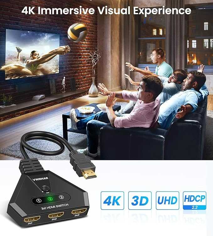 VWRHar HDMI Switch HDMI Switch 4K 60Hz 3 Input 1 Outputs Multi HDMI with High Speed Cable