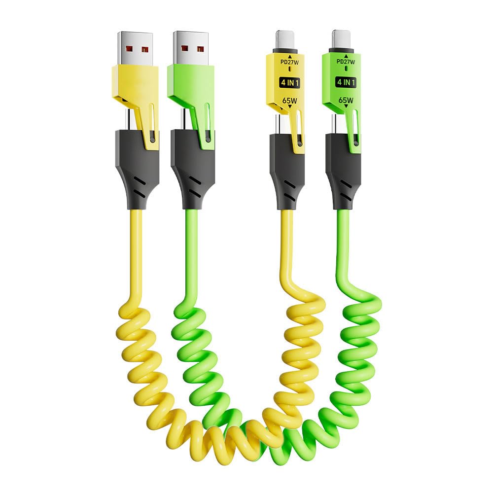4-in-1 Spring Coiled Fast Charging Cable (2-Pack) – 65W USB-C PD Multi-Device Retractable Charger, USB-A & USB-C to USB-C/Lightning – 1.2m Cable for iPhone, Samsung, Laptop – Yellow & Green
