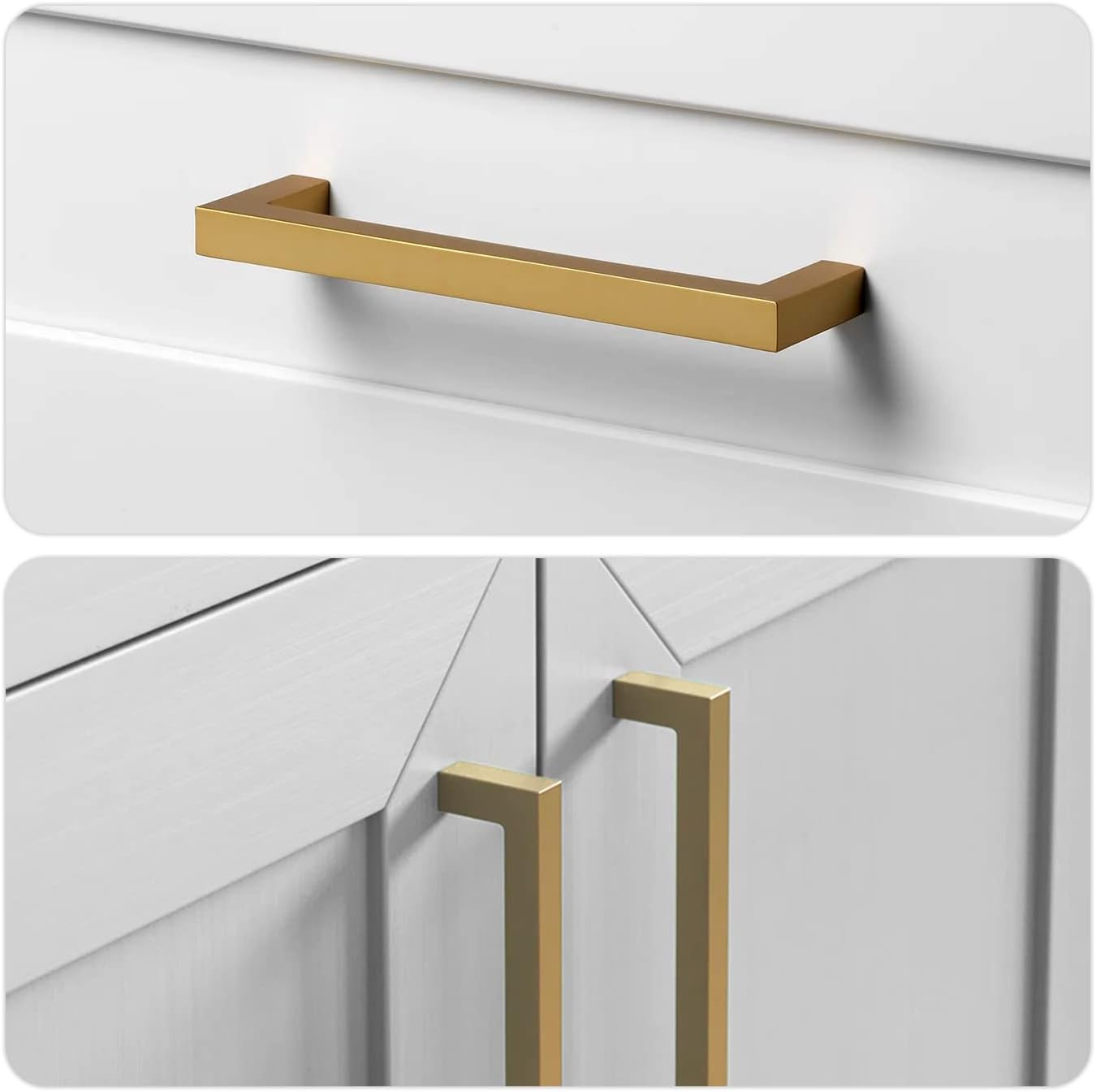 TooCust Brushed Brass Square Drawer Pulls 5 Pack, Modern Gold Cabinet Handles with 6-1/4 Inch (160mm) Hole Centers, Kitchen Cabinet Hardware and Dresser Pulls