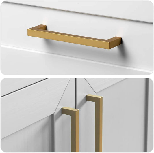 TooCust Brushed Brass Square Drawer Pulls 5 Pack, Modern Gold Cabinet Handles with 6-1/4 Inch (160mm) Hole Centers, Kitchen Cabinet Hardware and Dresser Pulls