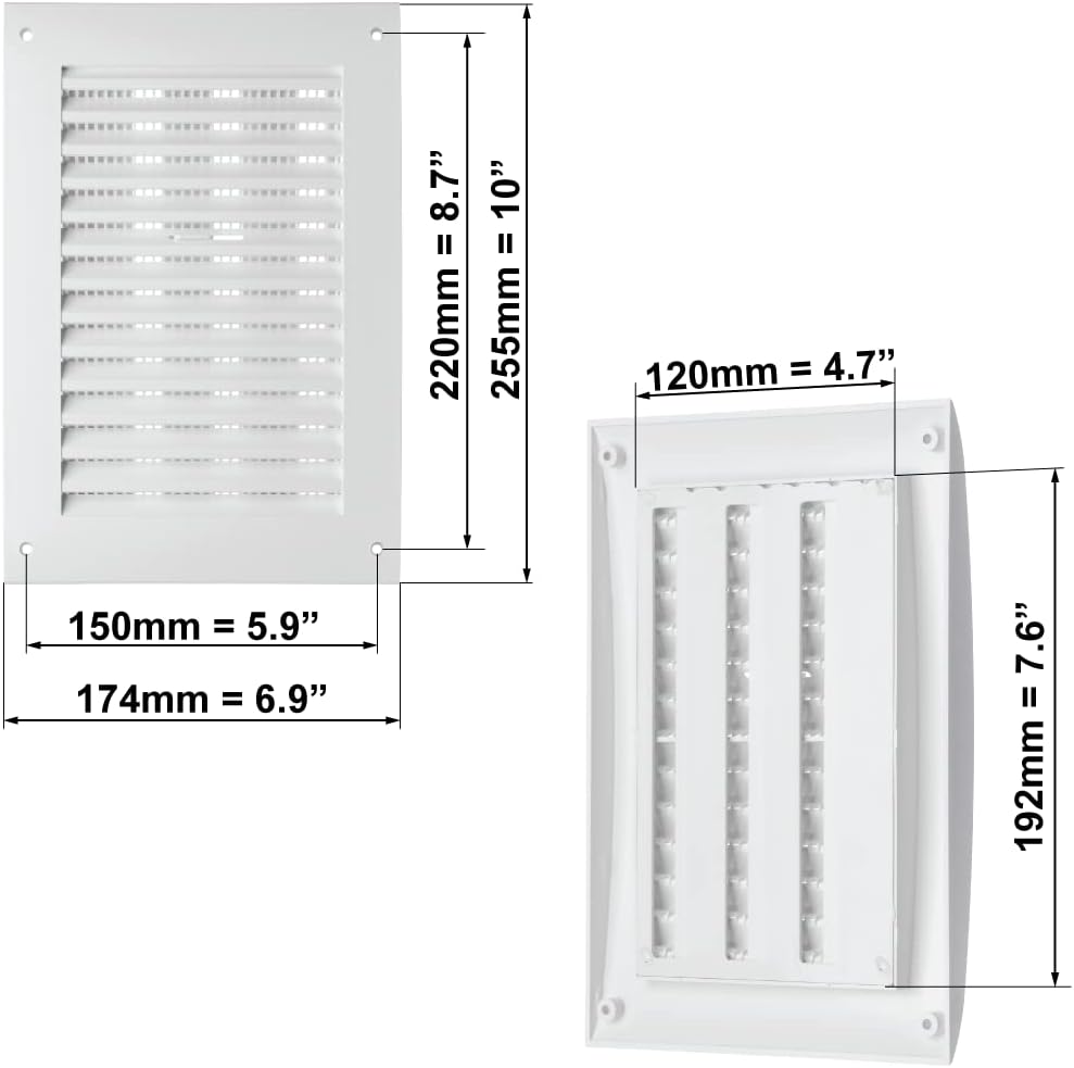 EUROPLAST 170x250mm / 6.7x10 inch Air Vent Cover - Adjustable Ventilation Grille with Flyscreen - ABS Plastic White