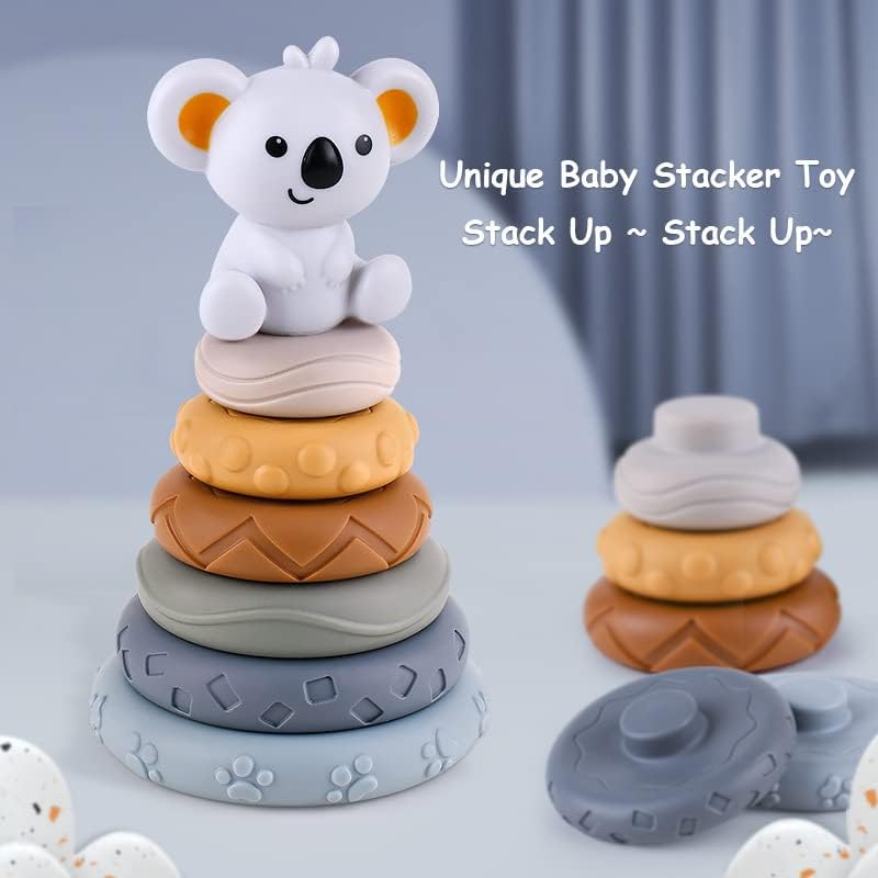 Baby Stacking Toy Baby Teething Toy Koala Baby Stacking Ring Toys Nesting Circle Toy Silicone Baby Toys Early Educational Christmas Toy Gifts for 6 12 18...