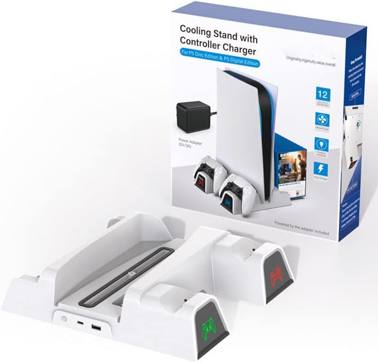 Aokicase PS5 Controller Charging Station – Dual Charger Dock with LED, Cooling Base & Headset Holder for PlayStation 5