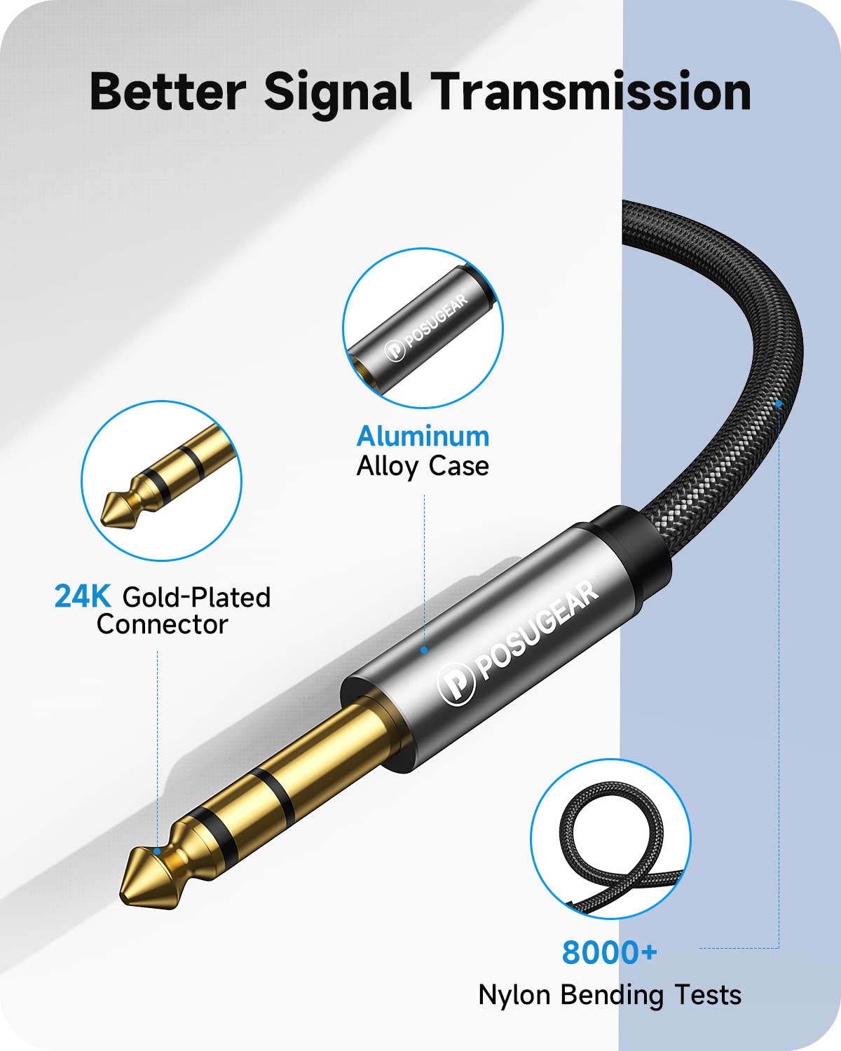 POSUGEAR 3.5 mm Jack to 6.35 mm Jack Cable 0.5 m, Nylon Braided 6.35 mm Jack Plug to 3.5 mm Aux Audio Stereo Cable Stereo Compatible with iPod, Laptop, Home...