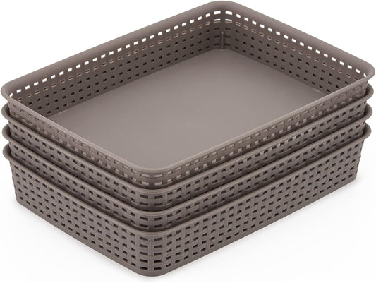 EZOWare Large Plastic Knit Storage Trays, Gray Drawer Divider Filing Bin for Office School Supplies Paper Organizer - Pack of 2 (13.8x9.8x2.4inch)