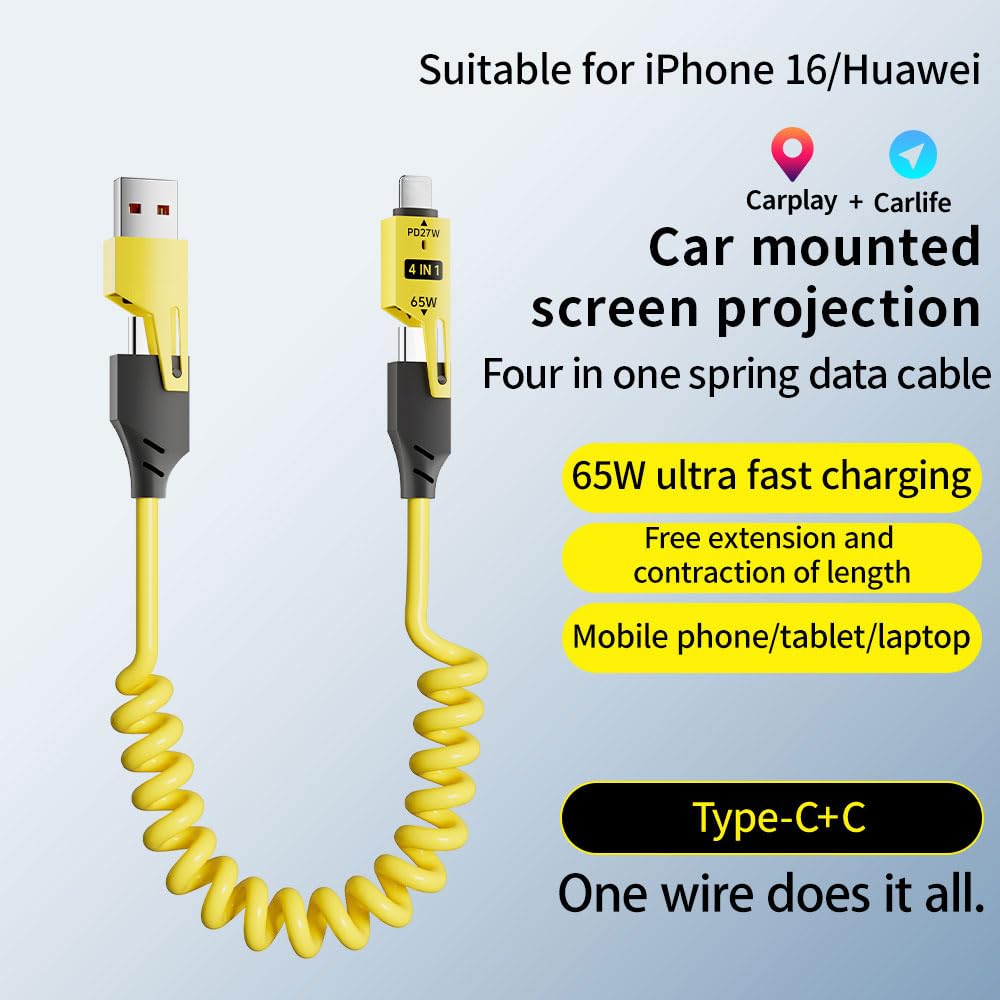 4-in-1 Spring Coiled Fast Charging Cable (2-Pack) – 65W USB-C PD Multi-Device Retractable Charger, USB-A & USB-C to USB-C/Lightning – 1.2m Cable for iPhone, Samsung, Laptop – Yellow & Green