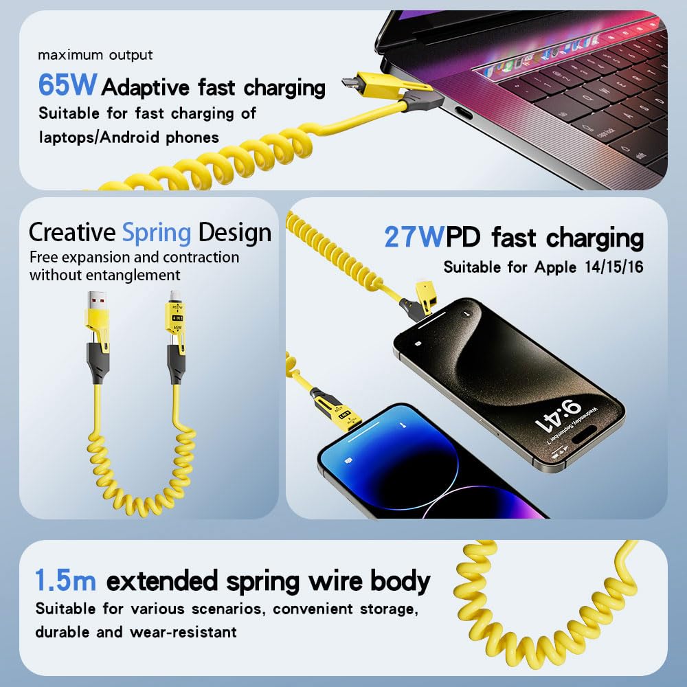 4-in-1 Spring Coiled Fast Charging Cable (2-Pack) – 65W USB-C PD Multi-Device Retractable Charger, USB-A & USB-C to USB-C/Lightning – 1.2m Cable for iPhone, Samsung, Laptop – Yellow & Green