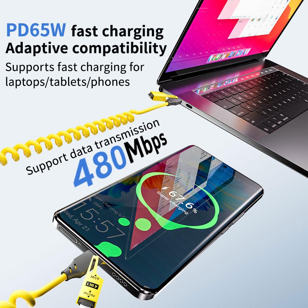 4-in-1 Spring Coiled Fast Charging Cable (2-Pack) – 65W USB-C PD Multi-Device Retractable Charger, USB-A & USB-C to USB-C/Lightning – 1.2m Cable for iPhone, Samsung, Laptop – Yellow & Green