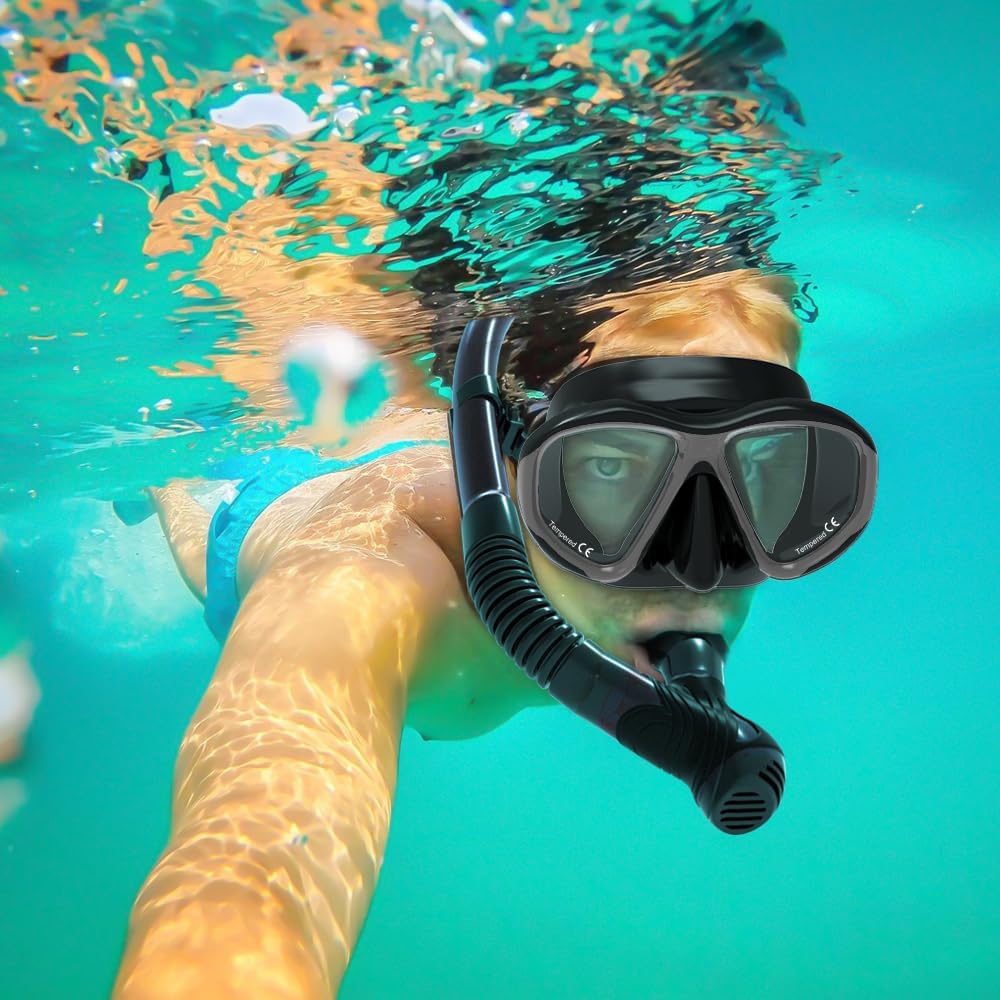 Findway Snorkel Mask, Dry Snorkel Set Adults, Tempered Glass Snorkeling Diving Masks for Women Men, Panoramic Wide View Scuba Swimming Mask Anti-leak Anti UV