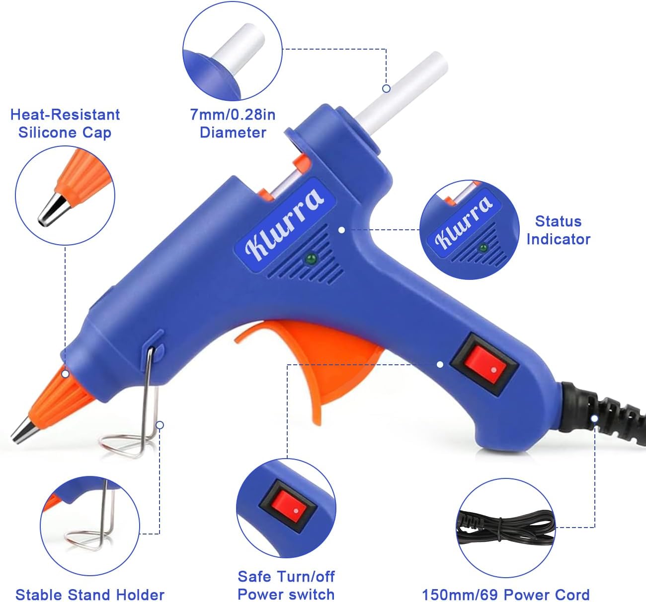 Klurra Hot Glue Gun, Mini Hot Glue Gun Kit with 30 Glue Sticks for School Crafts DIY Arts Quick Home Repairs, 20W (Blue)