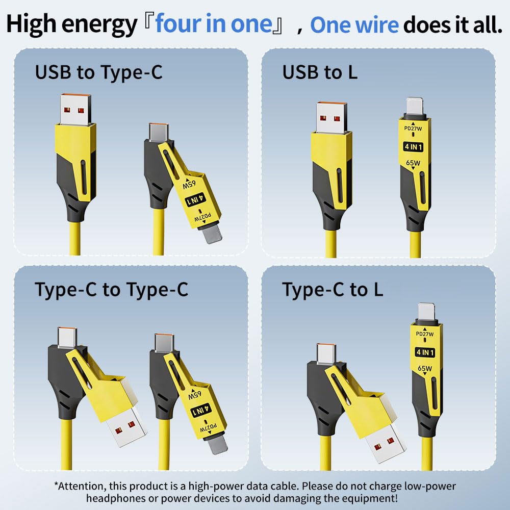 4-in-1 Spring Coiled Fast Charging Cable (2-Pack) – 65W USB-C PD Multi-Device Retractable Charger, USB-A & USB-C to USB-C/Lightning – 1.2m Cable for iPhone, Samsung, Laptop – Yellow & Green