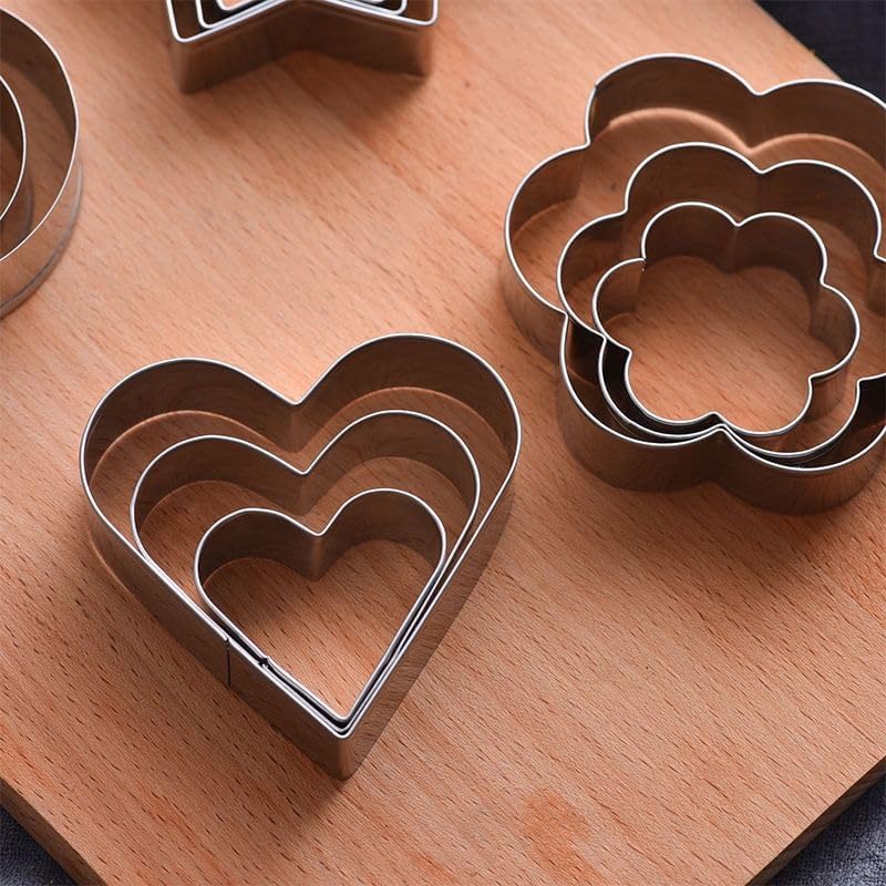 Cookie Cutters, Set of 12, Stainless Steel, Round Heart, Star, Flower, Cutter, Large, Medium, Small, Confectionery Tools, Christmas