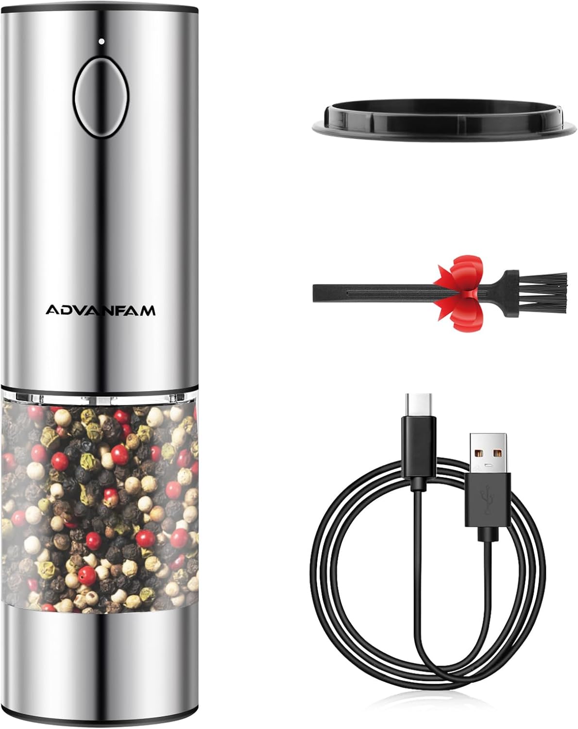 Advanfam Upgraded Larger Capacity Electric Salt and Pepper Grinder Stainless Steel Pepper Grinder with LED Light, Rechargeable Automatic Salt Pepper Mill...