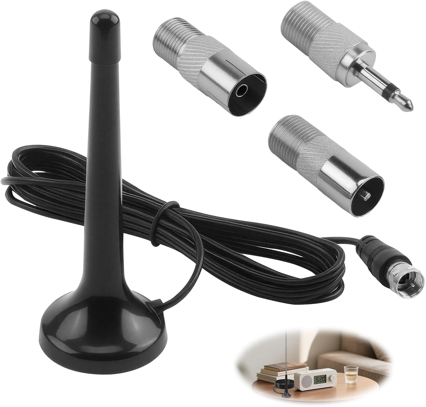 Dab FM Radio Antenna with Magnetic Base, 75 Ohm Internal TV Antenna Compatible with Stereo Tuners, AV Receivers, Amplifiers, Home Cinema and Hifi Systems