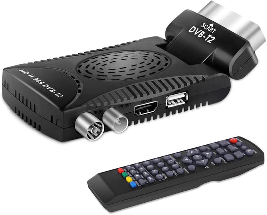 DVB-T2 Digital Terrestrial Decoder, HD H.265 IPTV Receiver, HEVC 10 Bit, Mini Scart Stick 180°, Supports USB WiFi HDMI Multimedia PVR with Universal Remote Control for Television
