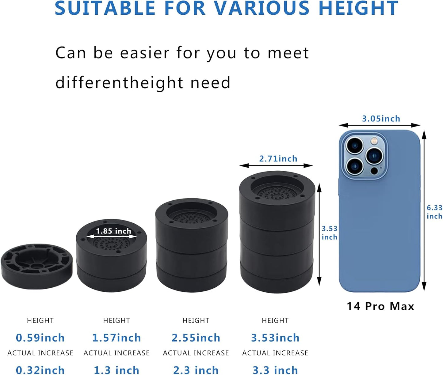 HANIHUA 4 Sets Black Round Furniture Risers, Heavy Duty Bed Risers Lifts Height 1", 2", 3 inch, Adjustable Bed Lifts Risers for Bed Frame, Furniture...