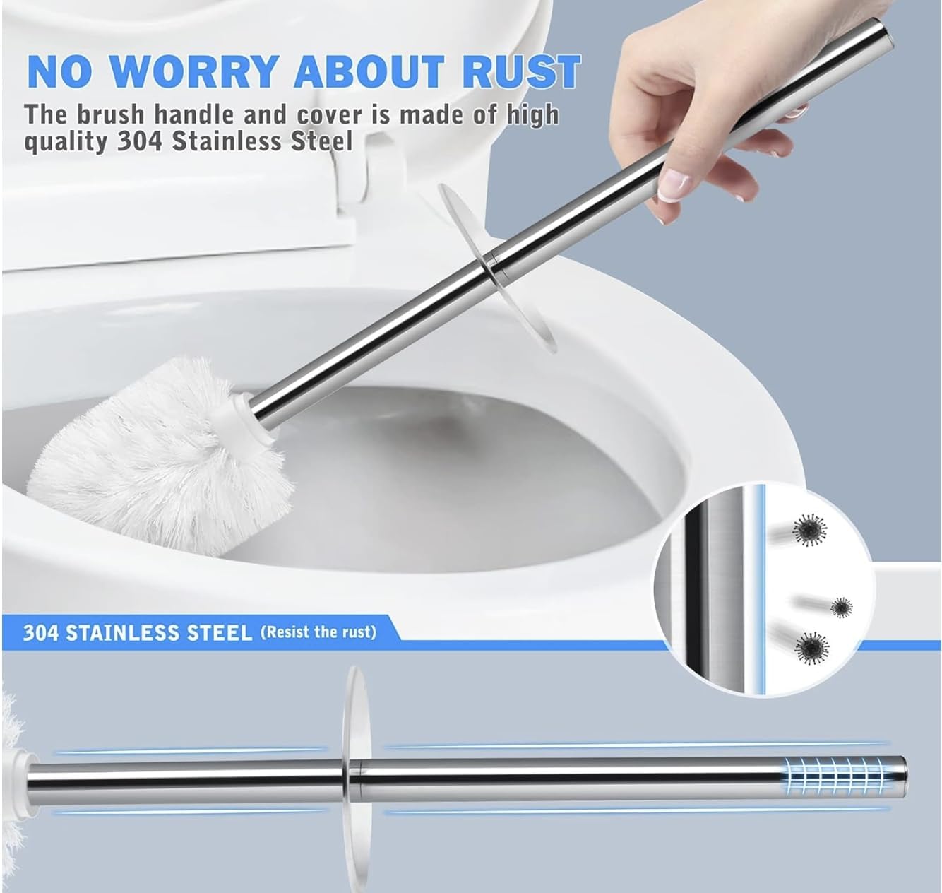 Toilet Brush and Holder, Toilet Brush with 304 Stainless Steel Long Handle, Toilet Bowl Brush for Bathroom Toilet, Elegant, Durable