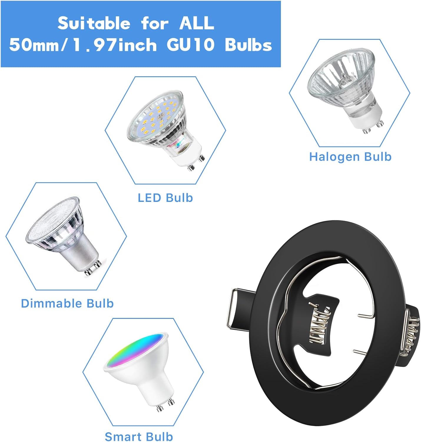 Tofisr LED Recessed Ceiling Light Mounting Frame Round Black Spotlight Fittings incl. GU10 Socket, Cut-Out Hole Size:55mm-70mm, Downlight Frame for LED and...