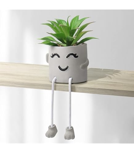 Cute Artificial Hanging Succulent Plant with Grey Cement Vase – Desk & Shelf Decor