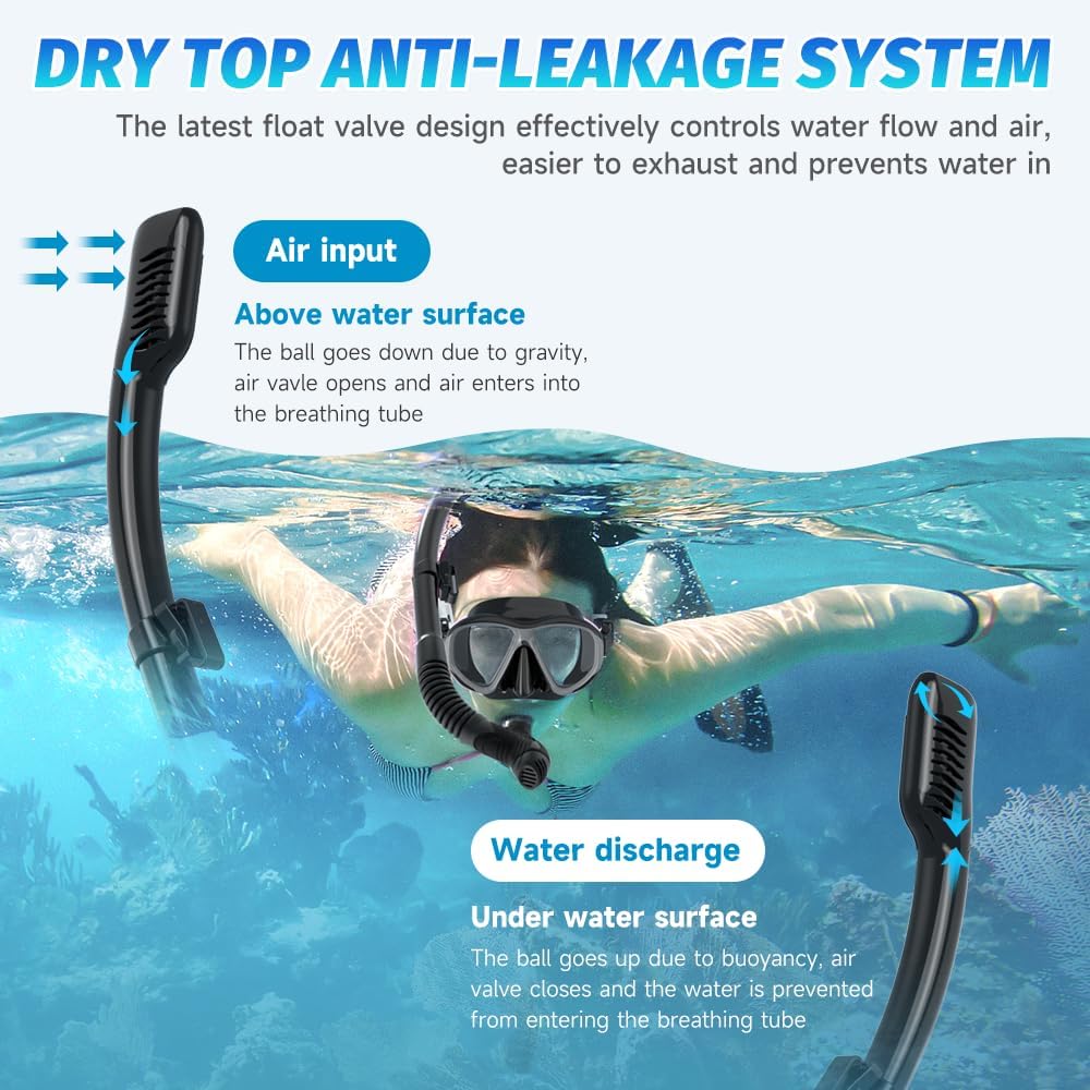 Findway Snorkel Mask, Dry Snorkel Set Adults, Tempered Glass Snorkeling Diving Masks for Women Men, Panoramic Wide View Scuba Swimming Mask Anti-leak Anti UV