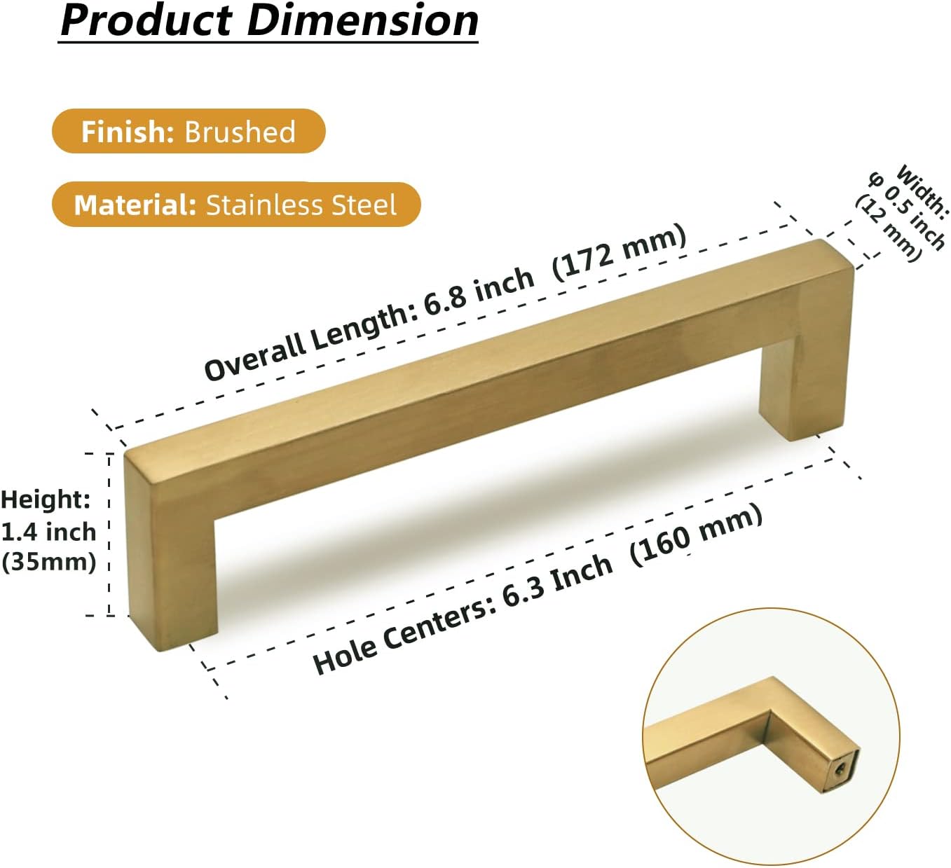 TooCust Brushed Brass Square Drawer Pulls 5 Pack, Modern Gold Cabinet Handles with 6-1/4 Inch (160mm) Hole Centers, Kitchen Cabinet Hardware and Dresser Pulls