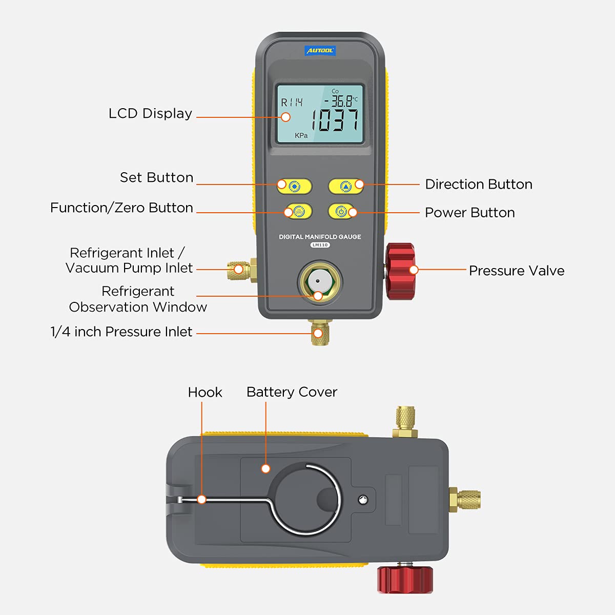 AUTOOL LM110 Digital Manifold Gauge, HVAC System Refrigeration Gauge for Refrigerant Filling&Pressure Test / Vacuum Operation Test /Pressure Leak Test...
