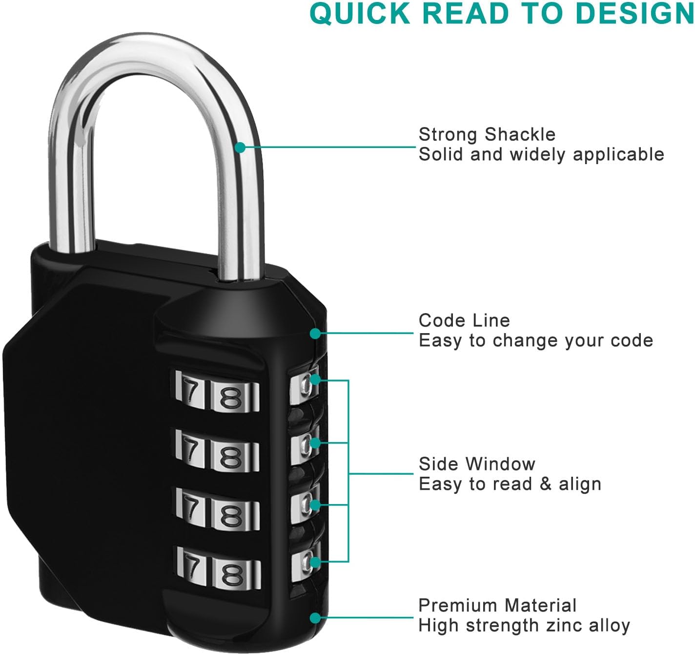 ZHEGE Padlock, Combination Lock 4 Digits, Outdoor Padlock Weatherproof for Gym Locker, Garden Fence Gate (Black)