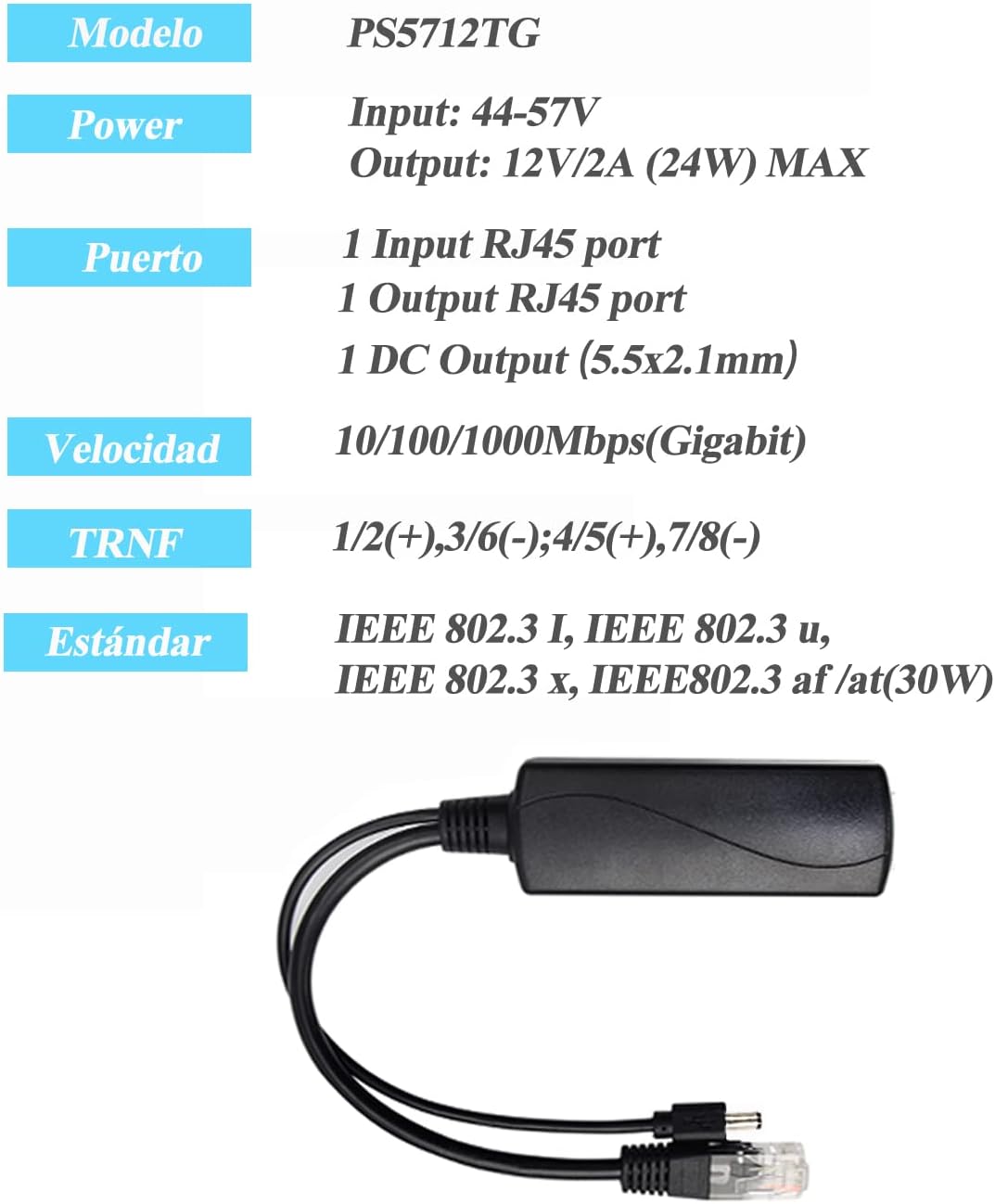 Gigabit PoE Splitter 12V 2A Output with IEEE 802.3af/at Standard Compliant 10,100,1000Mbps Power Over Ethernet Splitter Adapter for Security Camera CCTV Surveillance 5.5x2.1mm DC Plug Cable(PS5712TG)